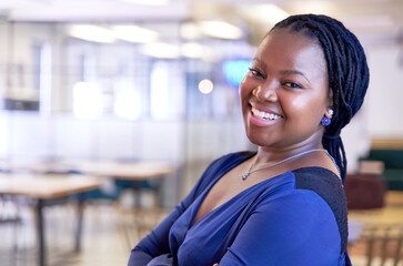 Sticker - Positive, charming, confident natural African American woman standing in trendy office smiling wearing fashionable clothing