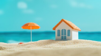 Wall Mural - a miniature beach scene featuring a small house and an umbrella on sandy shorelines, with a backdrop