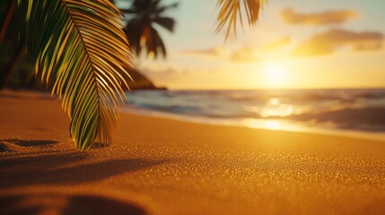 Wall Mural - a serene beach scene at sunset, featuring golden sand, gentle waves, and palm trees, creating a tran