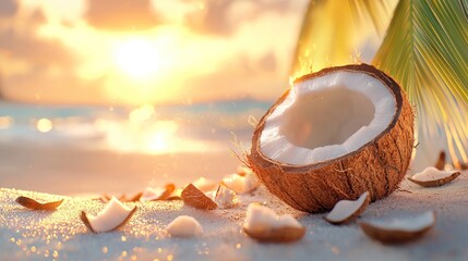 Wall Mural - a coconut rests on sandy beach shores, surrounded by small flakes, as the sun sets, casting a warm g