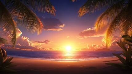 Wall Mural - a serene beach scene at sunset, featuring palm trees framing a vibrant sky and calm ocean waves.