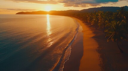 Wall Mural - a serene beach at sunset, with gentle waves lapping the shore and palm trees lining the coastline, c