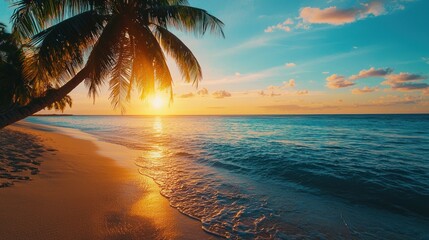 Wall Mural - a serene beach scene at sunset, featuring vibrant colors, gentle waves, and a palm tree leaning over