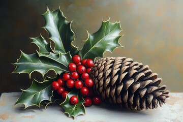 Wall Mural - Festive arrangement of pine cone, holly leaves, and red berries for seasonal decor