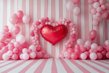 Decorative heart display with balloons and pastel colors for a romantic celebration backdrop