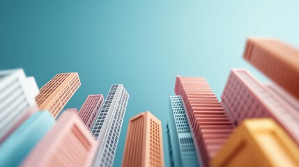 Poster - Abstract View of Colorful Skyscrapers Reaching Towards Blue Sky in Urban Landscape, Showcasing Modern Architecture with a Creative Perspective