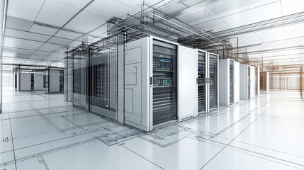 Wall Mural - Data center blueprint with server racks and technical details