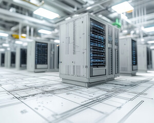Wall Mural - data center with servers on detailed blueprints, showcasing technology