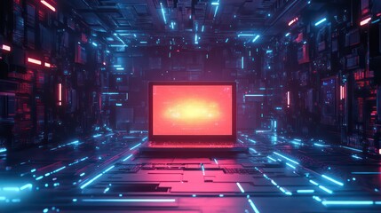 Poster - Laptop screen glows brightly in a futuristic, neon-lit digital environment.
