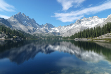  Majestic mountains reflect in tranquil lake under a clear blue sky at sunrise in the wilderness. Generative AI