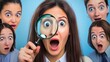 © Andrii - A group of women with exaggerated expressions of astonishment, one holding a magnifying glass, creating a humorous and intriguing visual effect against a blue background.