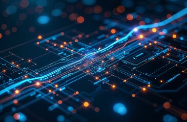 Information technology. Futuristic neon dark blue background with integrated circuit of the motherboard and with data streams.