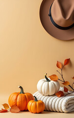 Wall Mural - Warm beige background showcases small pumpkins, fall leaves, woolen sweater, and stylish hat in cozy autumnal vignette._00001_