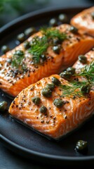 Canvas Print - Fresh salmon fillets garnished with capers and herbs on a dark plate in a cozy setting