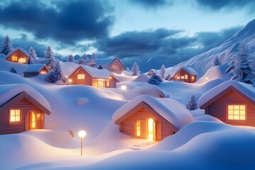 Wall Mural - The small village in the mountains is covered in snow, and many wooden houses glow with warm light inside. The sky above was a dark blue at night