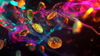Poster - A digital abstract art of floating paper currency and golden coins mixed with neon colors.