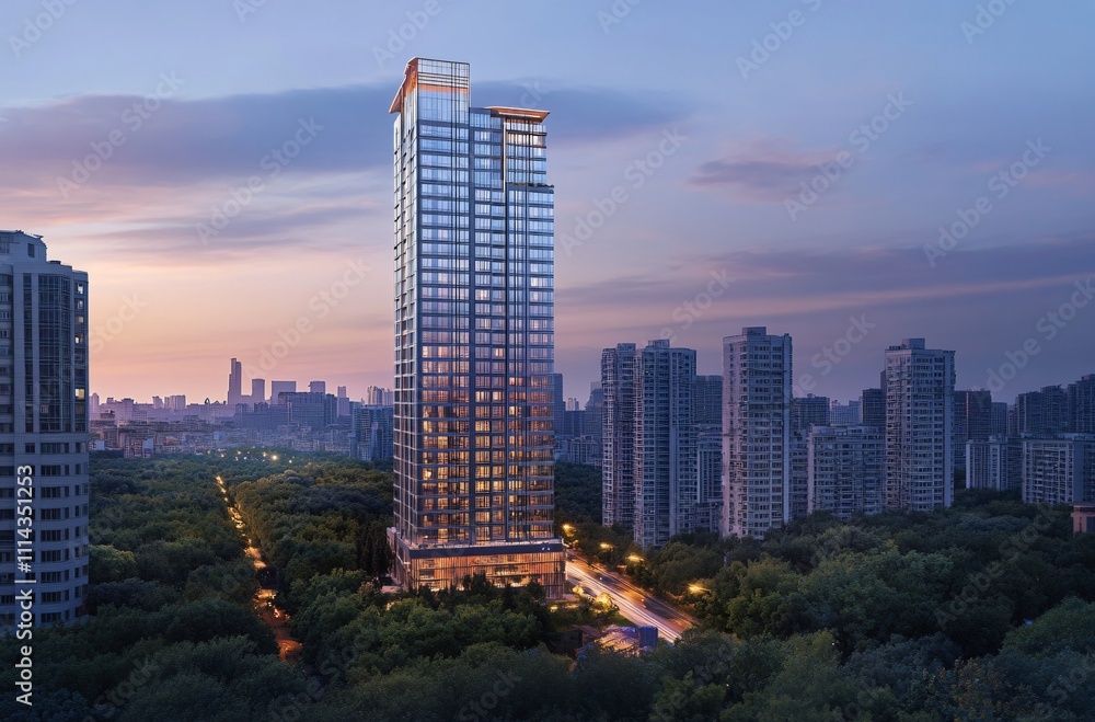 Aerial view of a city at night showcasing a solitary apartment building ... - Apartment Building With City View Per Sqft