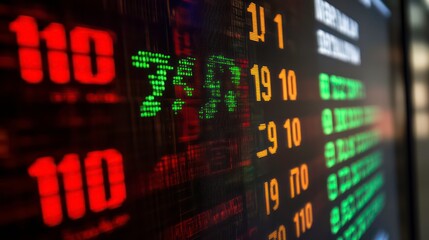Poster - Close-up of a stock ticker displaying fluctuating numbers in red and green.