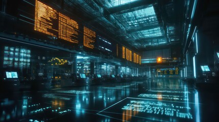 Aufkleber - Futuristic digital control room with glowing screens displaying data.