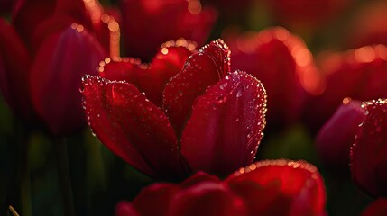 Wall Mural - Close-up of dew-covered water drops on vibrant red tulip flowers, capturing the beauty of these flowers in the soft morning light, perfect for a floral art concept background.