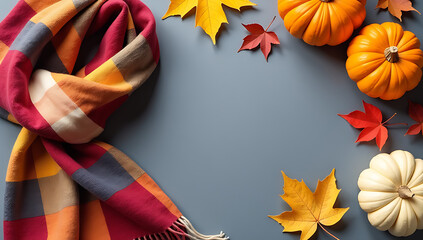 Wall Mural - Autumnal coziness at home is captured in this photo of a patchy scarf, pumpkins, and fall leaves on a warm gray background._00001_