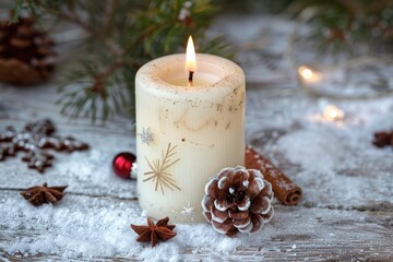 Wall Mural - A lit candle sits atop a snowy table, providing warm light amidst the winter scene