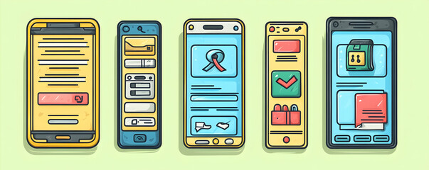 Five smartphone app interfaces with various designs.