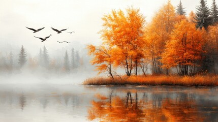 Sticker - Autumnal Serenity: Misty Lake with Golden Trees and Birds in Flight