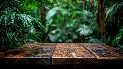 Sticker - Wooden Table in Lush Tropical Rainforest