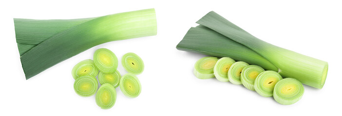 Wall Mural - Leek vegetable closeup isolated on white background. Top view. Flat lay