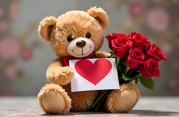 Valentine's Day teddy bear with roses and heart card for expressing love