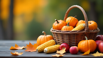 Wall Mural - A harvest basket sits atop a wooden table, surrounded by fallen autumn leaves and colorful fruits like pumpkins, corn, and crisp apples._00001_