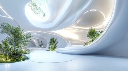 Aufkleber - A modern photography studio with white walls and large windows, a white platform in the center, and a variety of lighting equipment surrounding the platform.