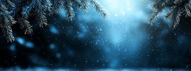 Fototapete - A winter landscape featuring sunlit, snow-laden fir branches adorned with glitter and snowflakes.