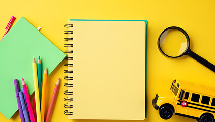 Wall Mural - A colorful array of school supplies sits atop a bright yellow background, showcasing a notebook, pens, magnifying glass, and a toy school bus._00001_