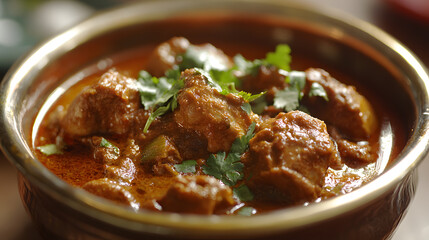 Wall Mural - Aromatic curry closeup featuring asian hot cuisine with food dish elements, indian delicious dinner served in bowl with spicy meat and meal.