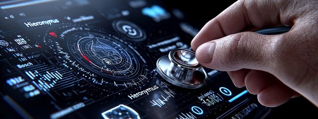Poster - A medical doctor with a stethoscope in hand interacts with a UI and an icon, representing the future of medical technology.