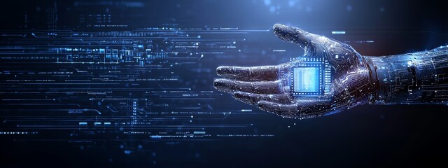 Poster - A stock image featuring AI, deep learning, data mining, and other advanced computer technologies, depicted with a hand touching a CPU icon on the UI.