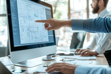 Fototapete - An efficient document management system (DMS) allows efficient business processes. Colleagues working at the office to approve a report with a file manager on the computer screen.