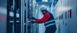 © Morto - A detailed shot of an electrician installing electrical panels in a data center construction project, Data center construction scene, Electrical system integration style