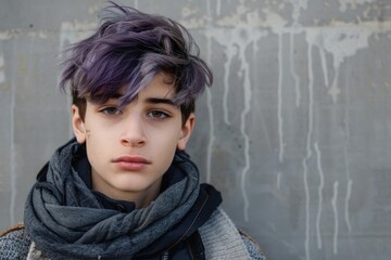 Teenager Serious. Alternative Young Teenager Portrait with Violet Diversity Hair in Urban Background