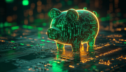 green digital piggy bank with digital code on a circuit board. concept for online wealth management