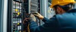 © Morto - A detailed shot of an electrician installing electrical panels in a data center expansion project, Data center construction scene, Electrical system integration style