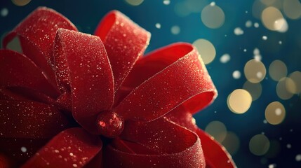 Poster - A close-up shot of a bright red bow against a calm blue background, perfect for decorating or gift-giving