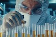 © Fotograf - A scientist in a lab coat and goggles works on a test tube, focused on his experiment