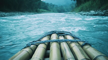 Wall Mural - A view of a raft floating in calm waters, seen from the perspective of a boat