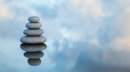 Wall Mural - A stack of rocks sitting on the surface of calm water, great for use in environmental or nature-themed projects