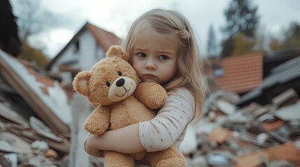 Sad little girl hugs teddy bear amidst rubble of destroyed homes.