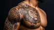 © Creator88 - Chest tattoo featuring a lion head with tribal accents, symbolizing strength