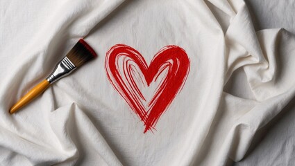 Wall Mural - Red-painted heart on a white cloth with a brush tool, Valentine concept.